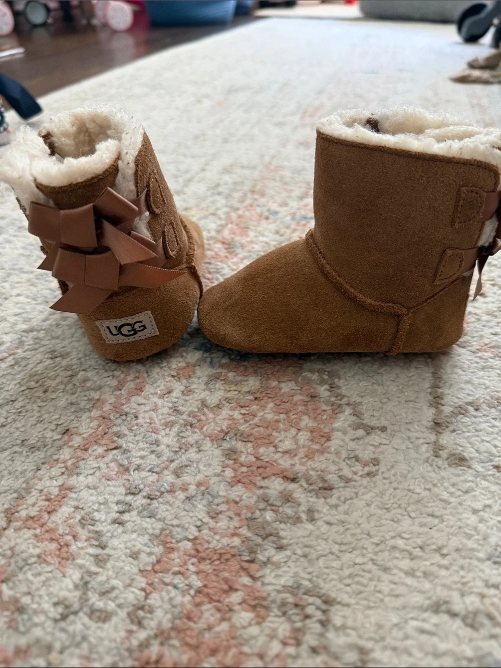 UGG Chestnut Suede Baby Boots with Back Bow Detail